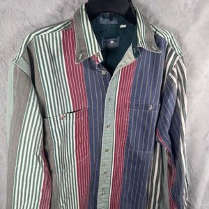 Cotton Brothers Vintage 90s Striped Button Down Shirt Mens Large Green Blue USA